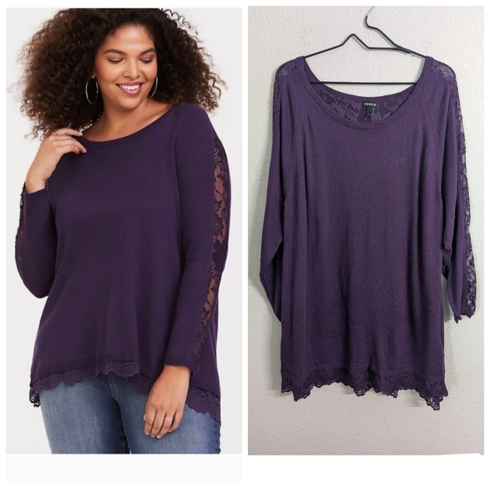 Torrid Purple Pullover Split Back Sweater Lace Details Boat Neck Long Sleeve 3X